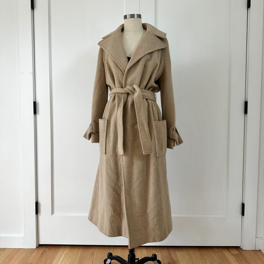 Vintage 80s Camel Wool Wrap Coat Belted Long Maxi Union Made USA Size M L